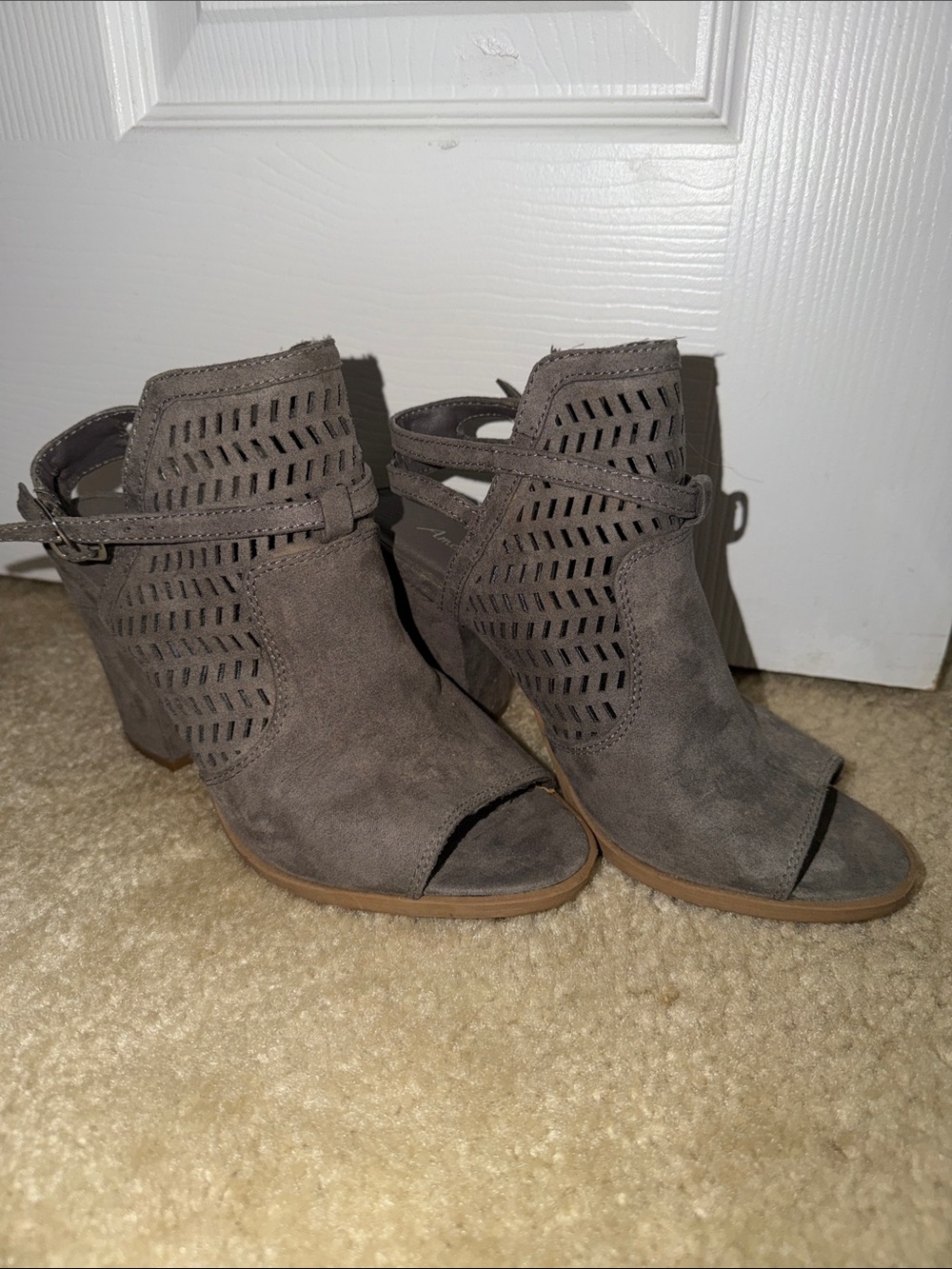 American Eagle by Payless Taupe Suede Cutout Peep-Toe Block Heel Booties